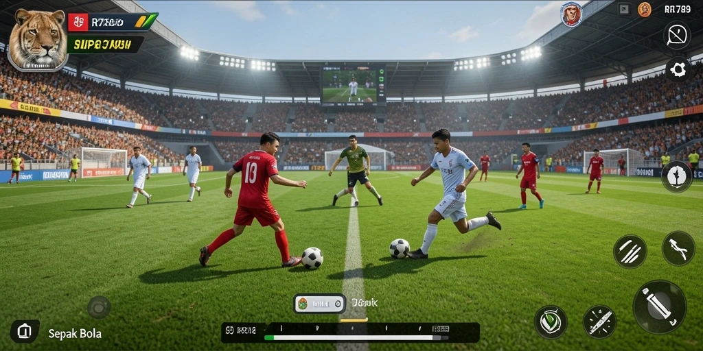 Screenshot utama <strong>RR789</strong> menampilkan aksi seru di lapangan sepak bola.
